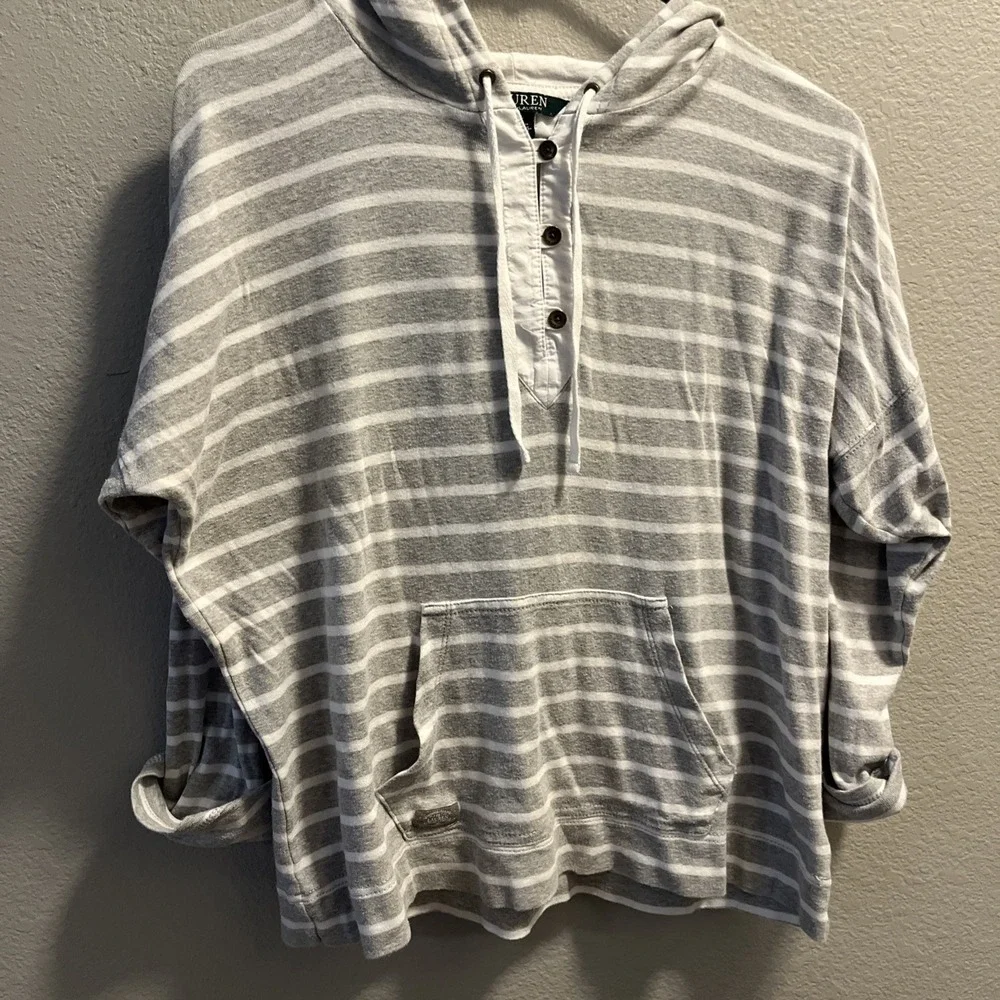 Lauren Ralph Lauren Womens Large Henley Style Shirt‎ W/hood Gray White Striped